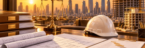 ميزان عدالة ذهبي ومخططات هندسية وملفات عقود وخوذة سلامة بيضاء على مكتب أمام مشاريع البناء وأفق مدينة الرياض عند الغروب