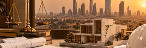 ميزان عدالة ذهبي ونموذج مبنى بتشققات إنشائية ومخططات هندسية وخوذة سلامة أمام أفق مدينة الرياض عند الغروب