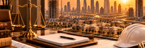 ميزان عدالة ذهبي ومخططات هندسية ومستندات عقود مقاولات وخوذة سلامة بيضاء على مكتب يطل على مشاريع البناء وأفق مدينة الرياض عند الغروب